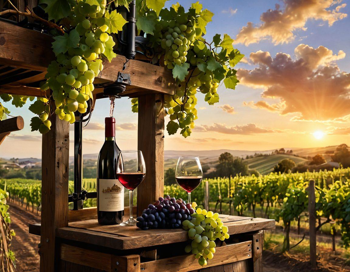A picturesque vineyard at sunset with lush green vines heavy with ripe grapes, an ornate wooden wine press in the foreground, and an oenologist examining a glass of wine. Wisps of soft clouds reflect the golden hues of the setting sun, creating a warm, inviting atmosphere. Elements of winemaking tools like corks and bottles can be subtly included in the background. The scene should evoke a sense of serenity and the art of winemaking. super-realistic. vibrant colors. 3D.