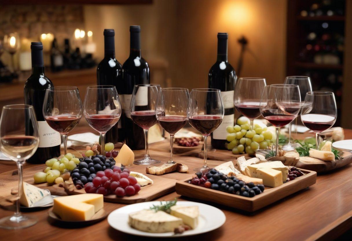 A beautifully arranged wine tasting setting with an elegant wooden table covered in a variety of wine glasses filled with rich reds, whites, and rosés. Surrounded by cheese platters, fruits, and aromatic herbs, with soft dim lighting creating an inviting atmosphere. A sommelier with a corkscrew and tasting notes in hand, eagerly explaining wine pairings to a captivated audience. Wine bottles embossed with intricate labels grace the backdrop. super-realistic. vibrant colors. warm lighting.