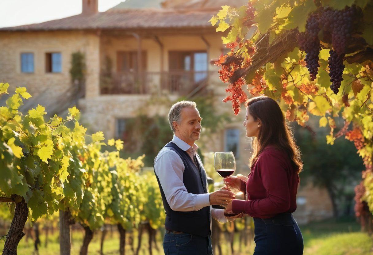 A lush vineyard scene showcasing ripe grapes hanging from vine branches, with a winemaker expertly examining a glass of deep red wine under soft sunlight. In the background, a rustic winery building blends harmoniously with nature, surrounded by rolling hills. The scene conveys the craftsmanship and passion of winemaking, with swirling wine moments captured in the glass. super-realistic. vibrant colors. soft focus.